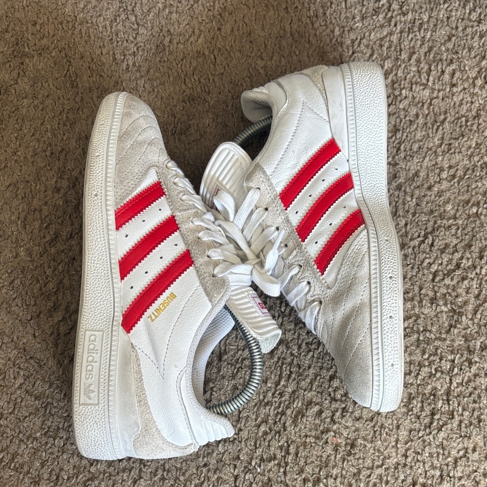 Adidas White Sneakers with Red Stripes